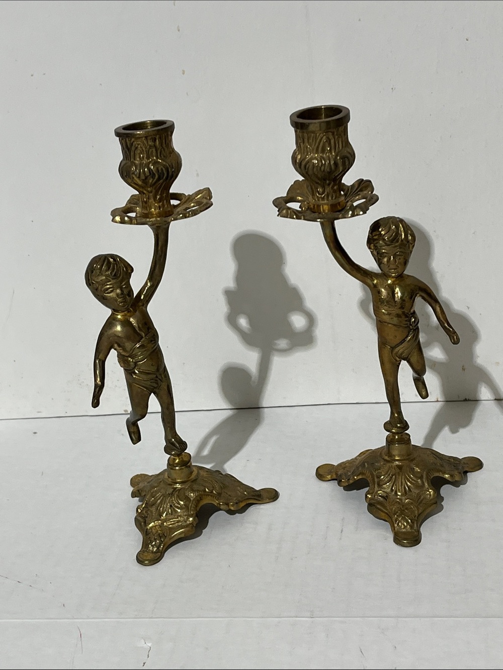 VTG 60’s Pair Solid Brass Cherub Tapir Candlestick Holders 4”x9”